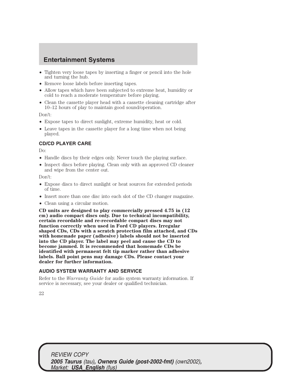 Entertainment systems | FORD 2005 Taurus v.2 User Manual | Page 22 / 248