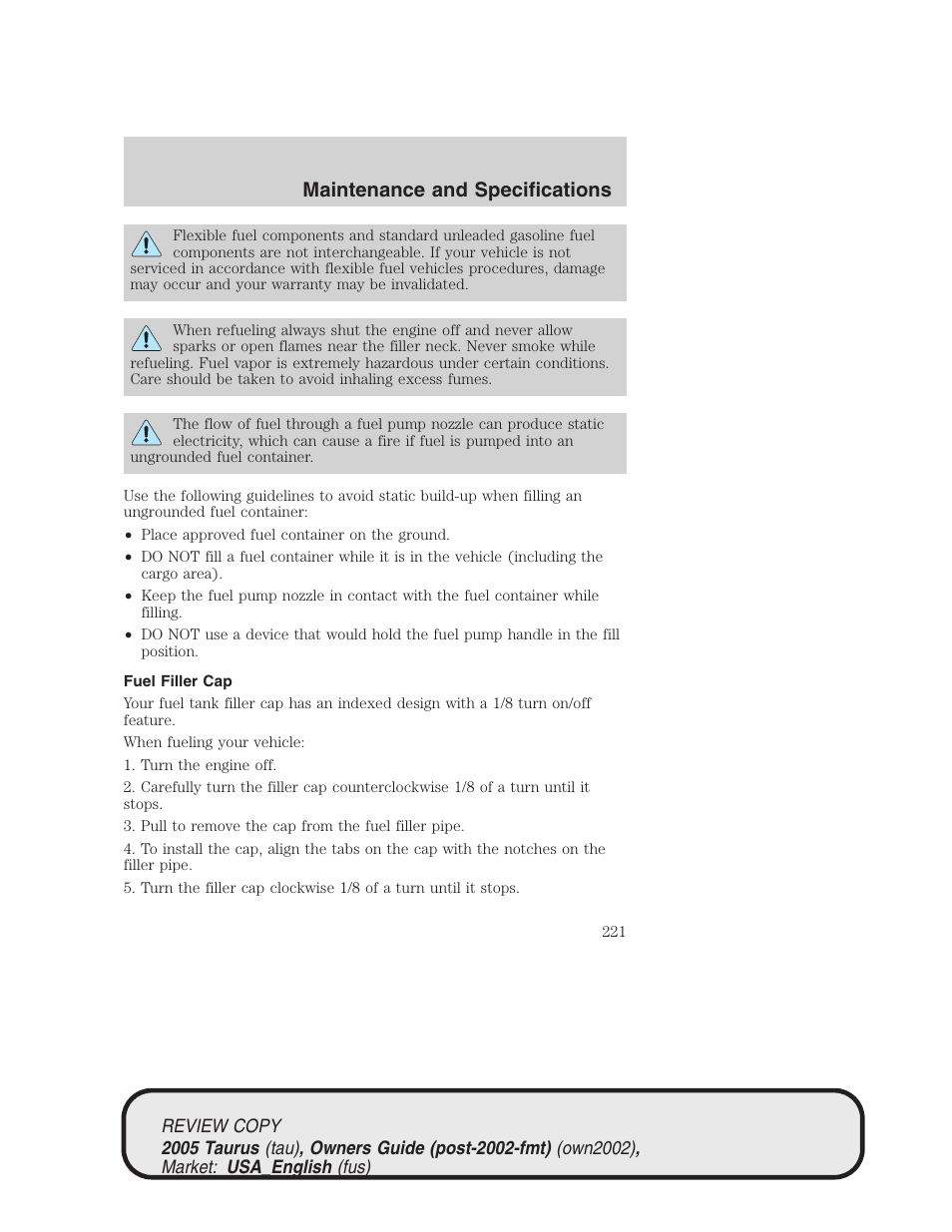 Maintenance and specifications | FORD 2005 Taurus v.2 User Manual | Page 221 / 248