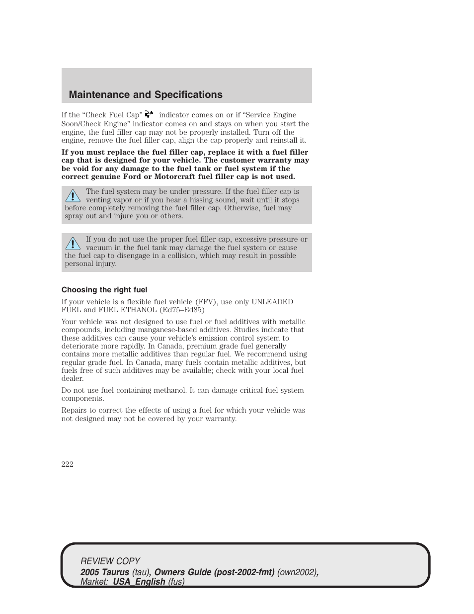 Maintenance and specifications | FORD 2005 Taurus v.2 User Manual | Page 222 / 248