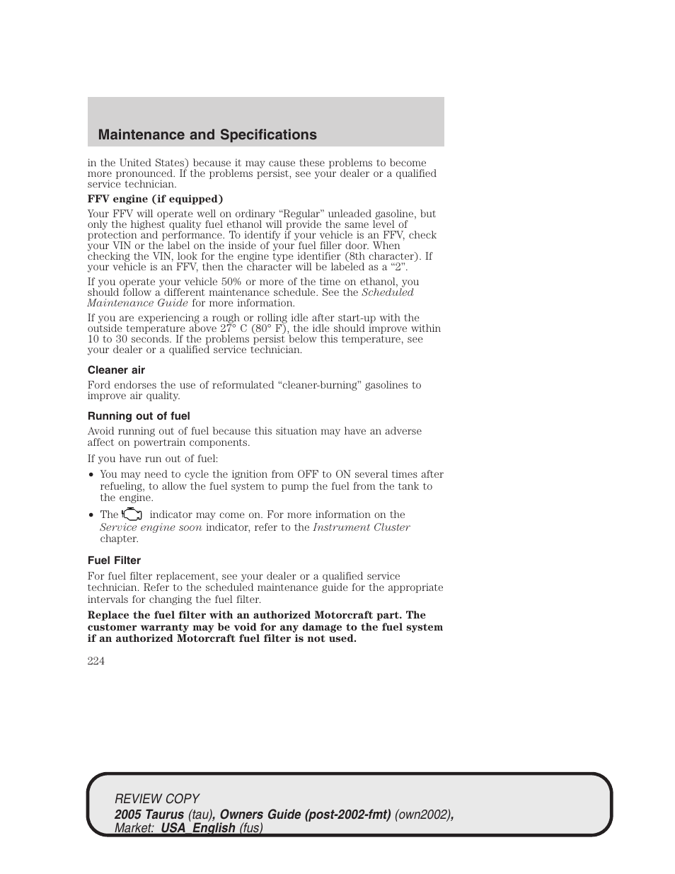 Maintenance and specifications | FORD 2005 Taurus v.2 User Manual | Page 224 / 248
