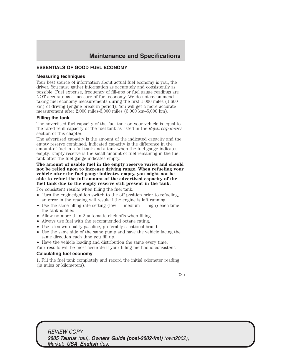 Maintenance and specifications | FORD 2005 Taurus v.2 User Manual | Page 225 / 248