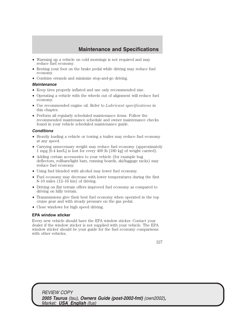 Maintenance and specifications | FORD 2005 Taurus v.2 User Manual | Page 227 / 248