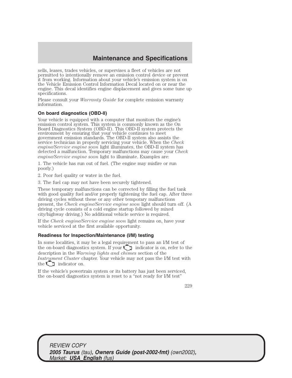 Maintenance and specifications | FORD 2005 Taurus v.2 User Manual | Page 229 / 248