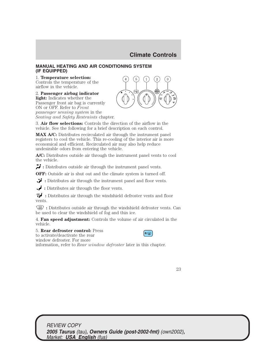 Climate controls | FORD 2005 Taurus v.2 User Manual | Page 23 / 248