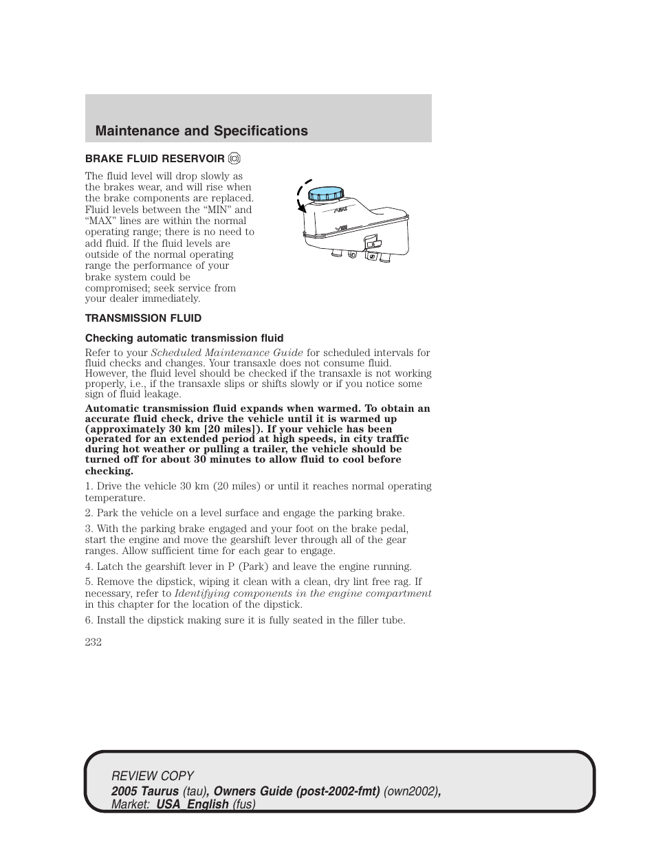 Maintenance and specifications | FORD 2005 Taurus v.2 User Manual | Page 232 / 248