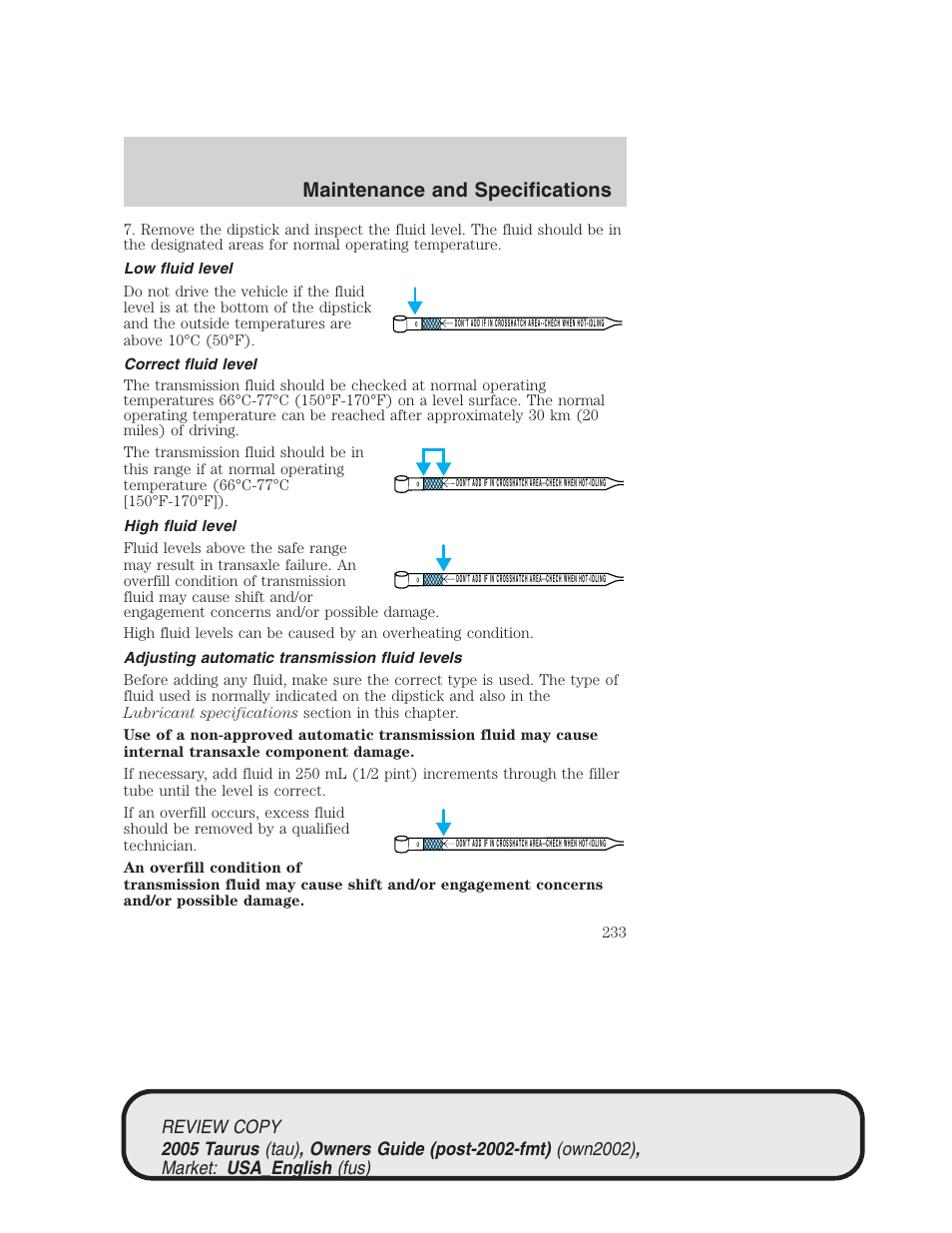Maintenance and specifications | FORD 2005 Taurus v.2 User Manual | Page 233 / 248