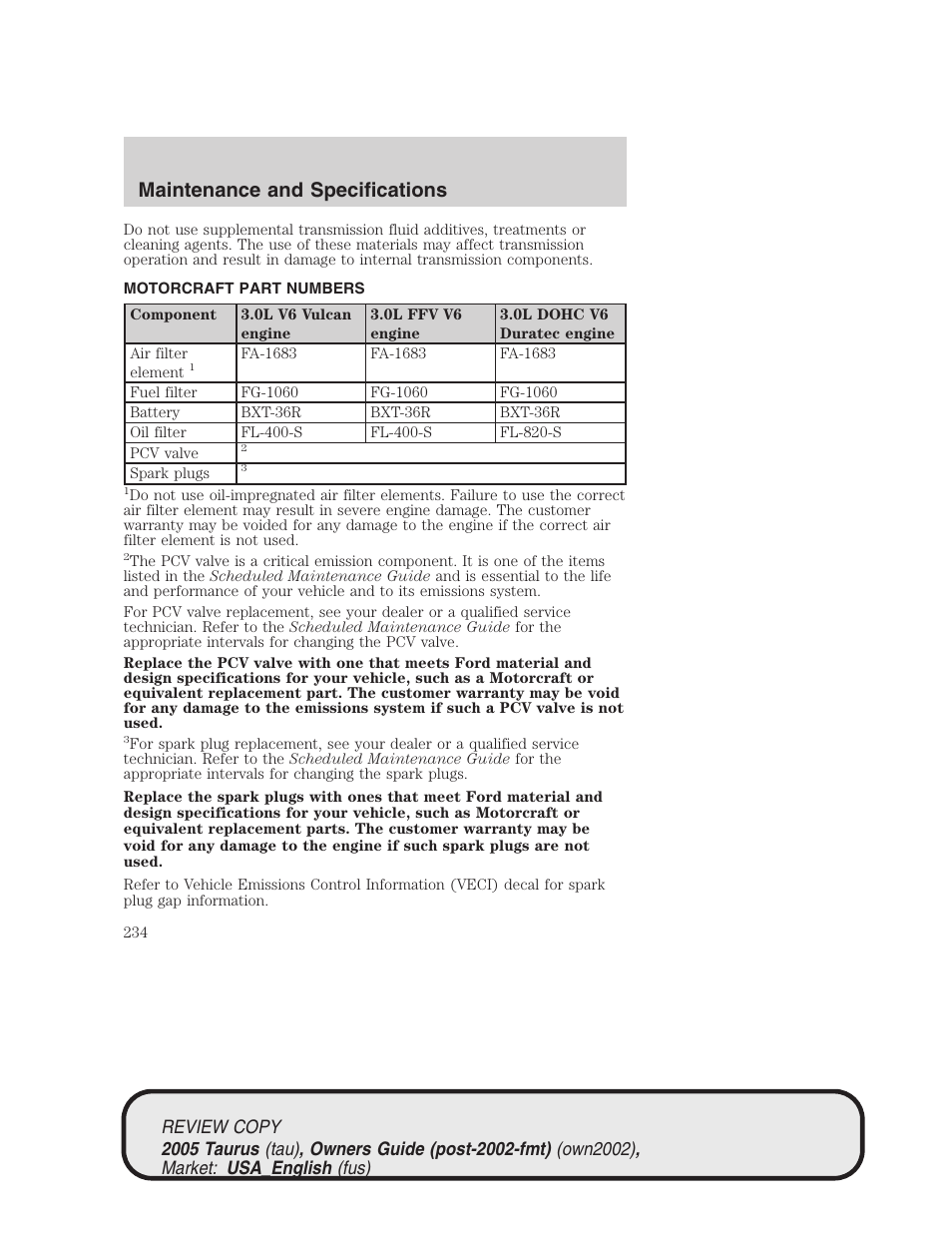 Maintenance and specifications | FORD 2005 Taurus v.2 User Manual | Page 234 / 248