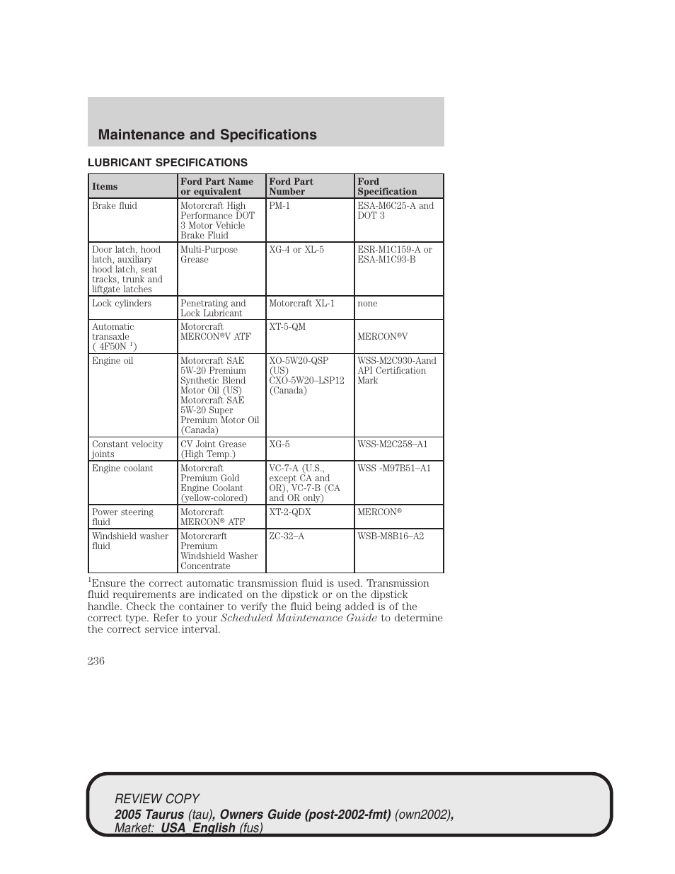 Maintenance and specifications | FORD 2005 Taurus v.2 User Manual | Page 236 / 248