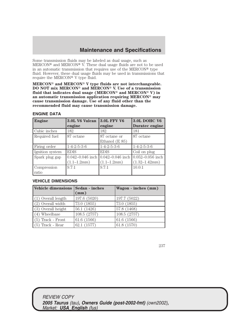 Maintenance and specifications | FORD 2005 Taurus v.2 User Manual | Page 237 / 248