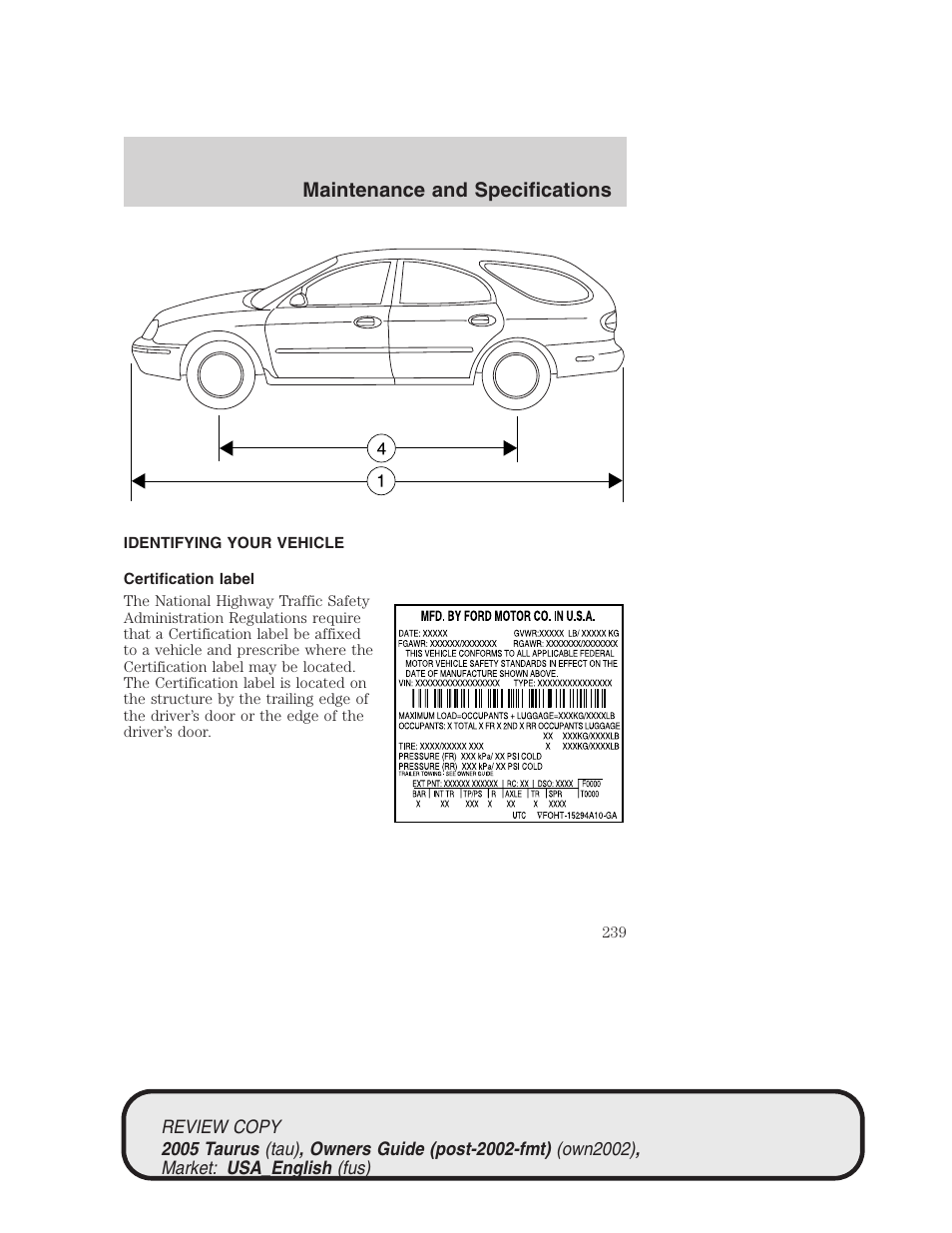 Maintenance and specifications | FORD 2005 Taurus v.2 User Manual | Page 239 / 248