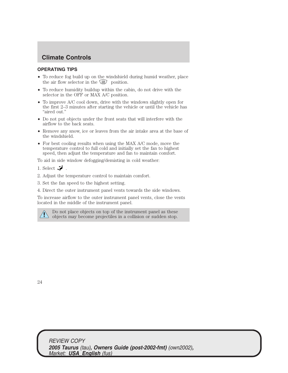 Climate controls | FORD 2005 Taurus v.2 User Manual | Page 24 / 248