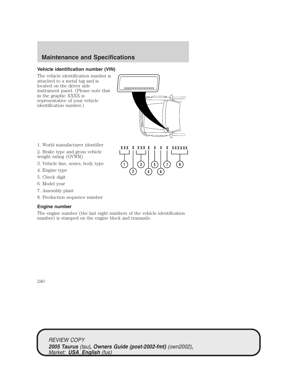 Maintenance and specifications | FORD 2005 Taurus v.2 User Manual | Page 240 / 248