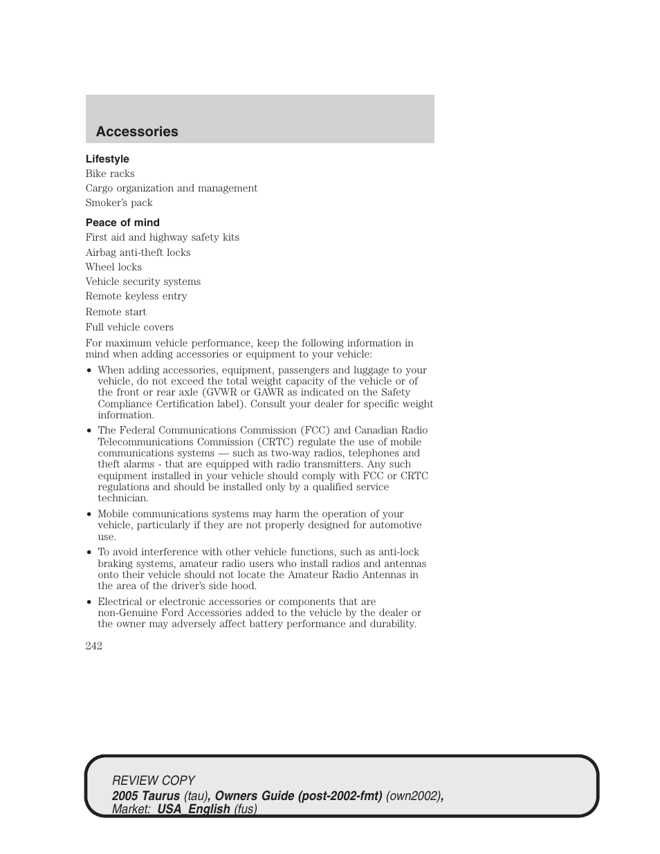 Accessories | FORD 2005 Taurus v.2 User Manual | Page 242 / 248