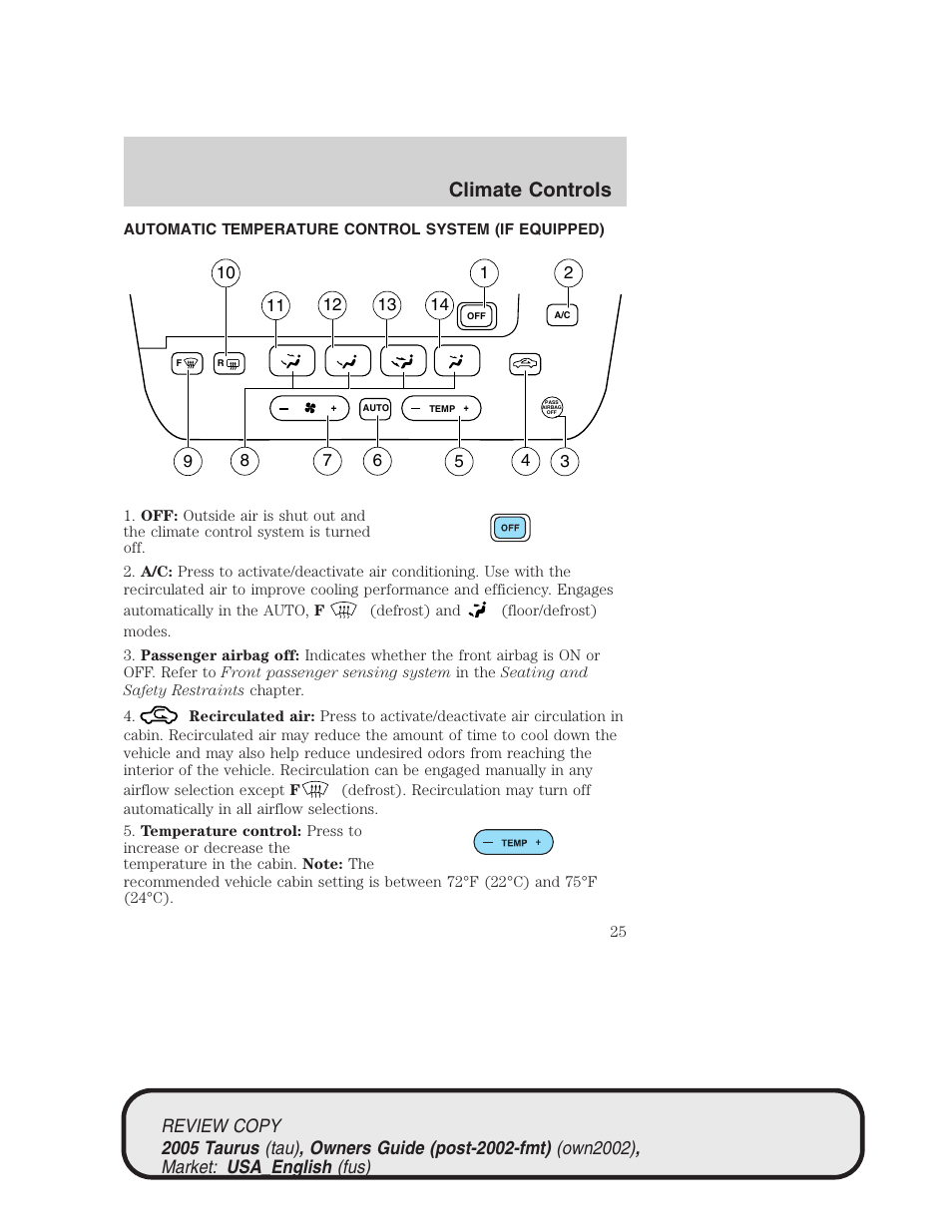 Climate controls | FORD 2005 Taurus v.2 User Manual | Page 25 / 248