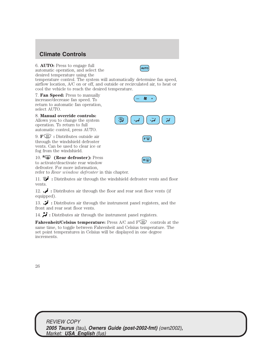 Climate controls | FORD 2005 Taurus v.2 User Manual | Page 26 / 248
