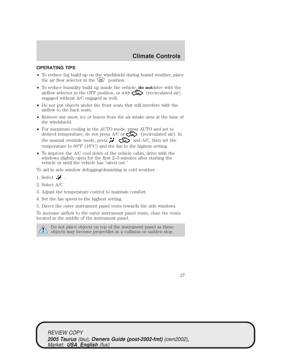Climate controls | FORD 2005 Taurus v.2 User Manual | Page 27 / 248