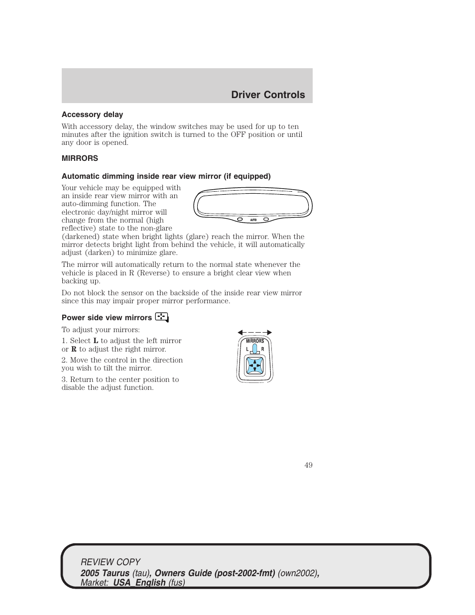 Driver controls | FORD 2005 Taurus v.2 User Manual | Page 49 / 248