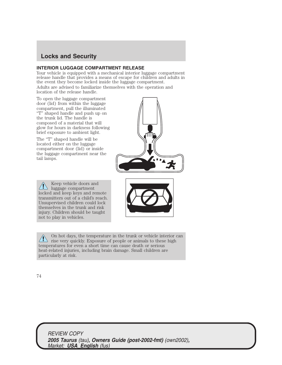 Locks and security | FORD 2005 Taurus v.2 User Manual | Page 74 / 248