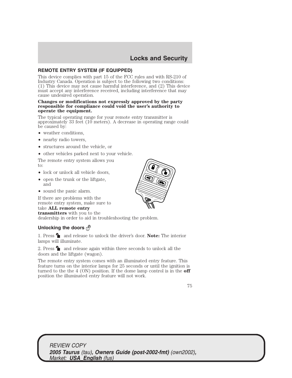 Locks and security | FORD 2005 Taurus v.2 User Manual | Page 75 / 248