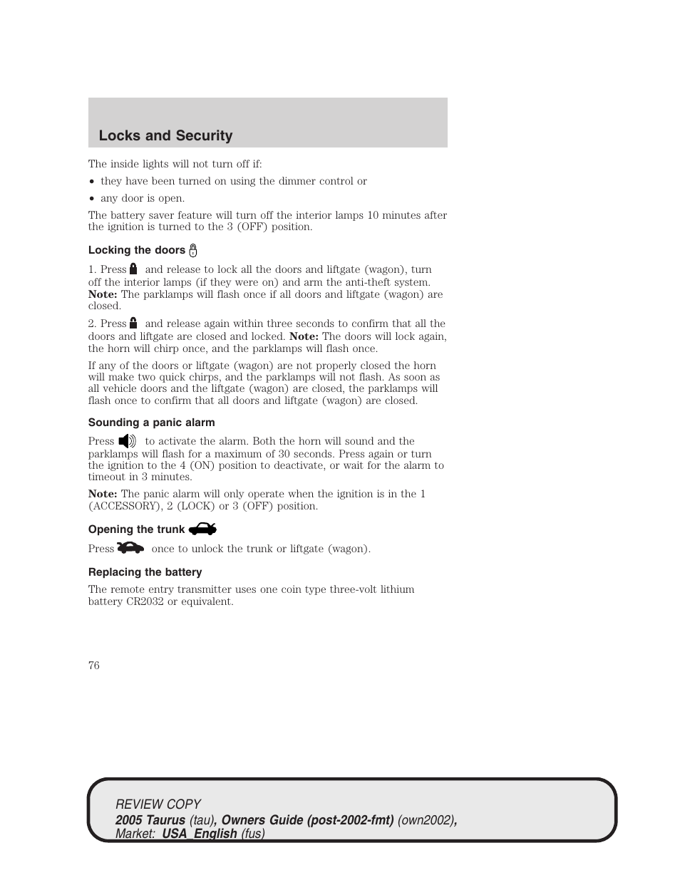 Locks and security | FORD 2005 Taurus v.2 User Manual | Page 76 / 248
