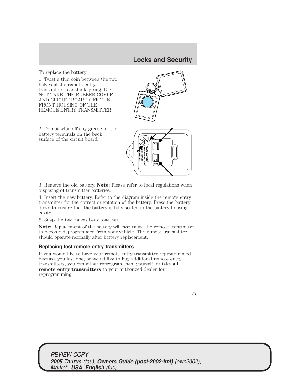 Locks and security | FORD 2005 Taurus v.2 User Manual | Page 77 / 248
