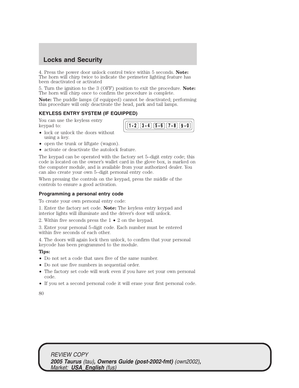Locks and security | FORD 2005 Taurus v.2 User Manual | Page 80 / 248
