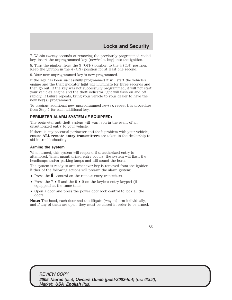 Locks and security | FORD 2005 Taurus v.2 User Manual | Page 85 / 248