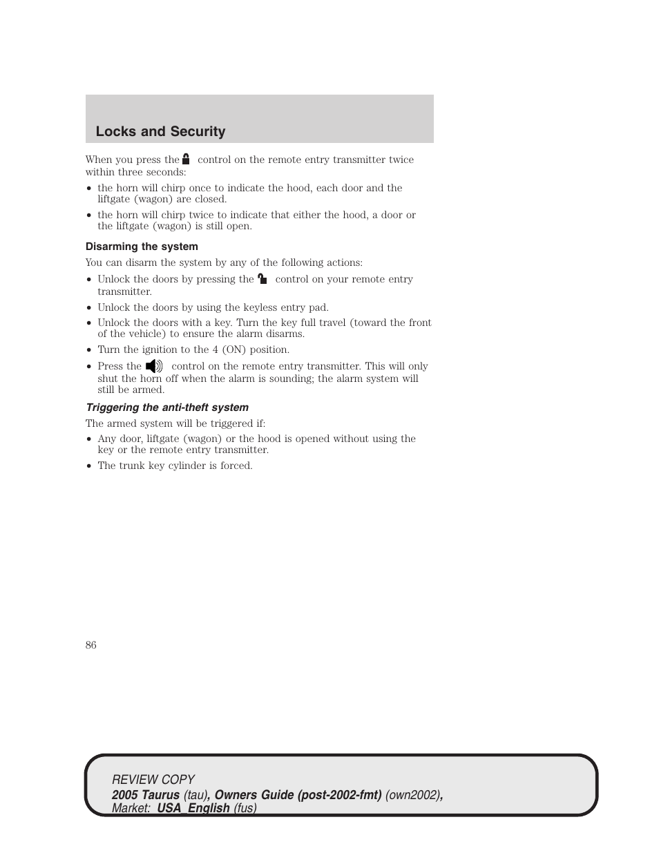 Locks and security | FORD 2005 Taurus v.2 User Manual | Page 86 / 248