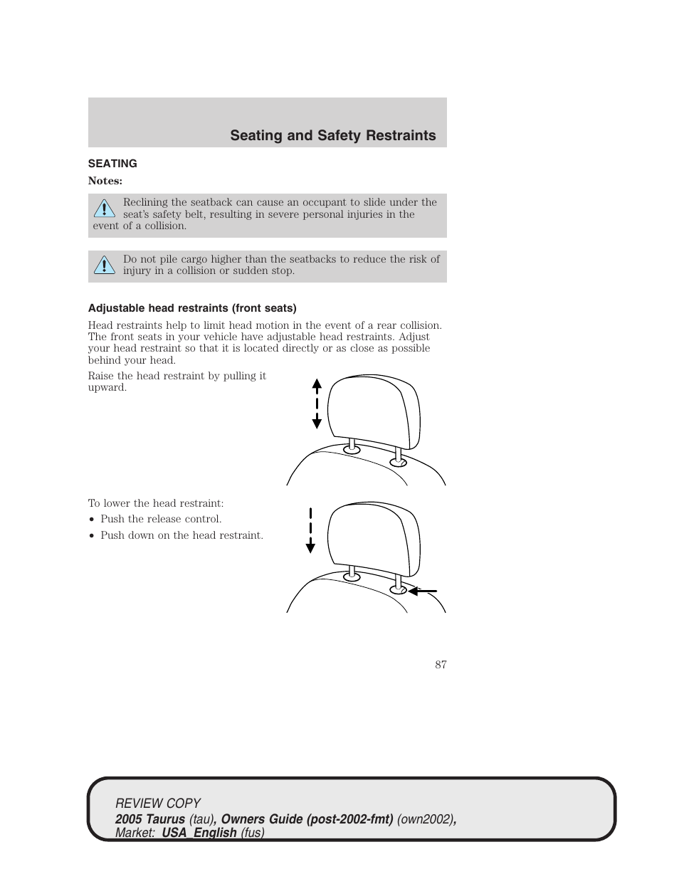 Seating and safety restraints | FORD 2005 Taurus v.2 User Manual | Page 87 / 248