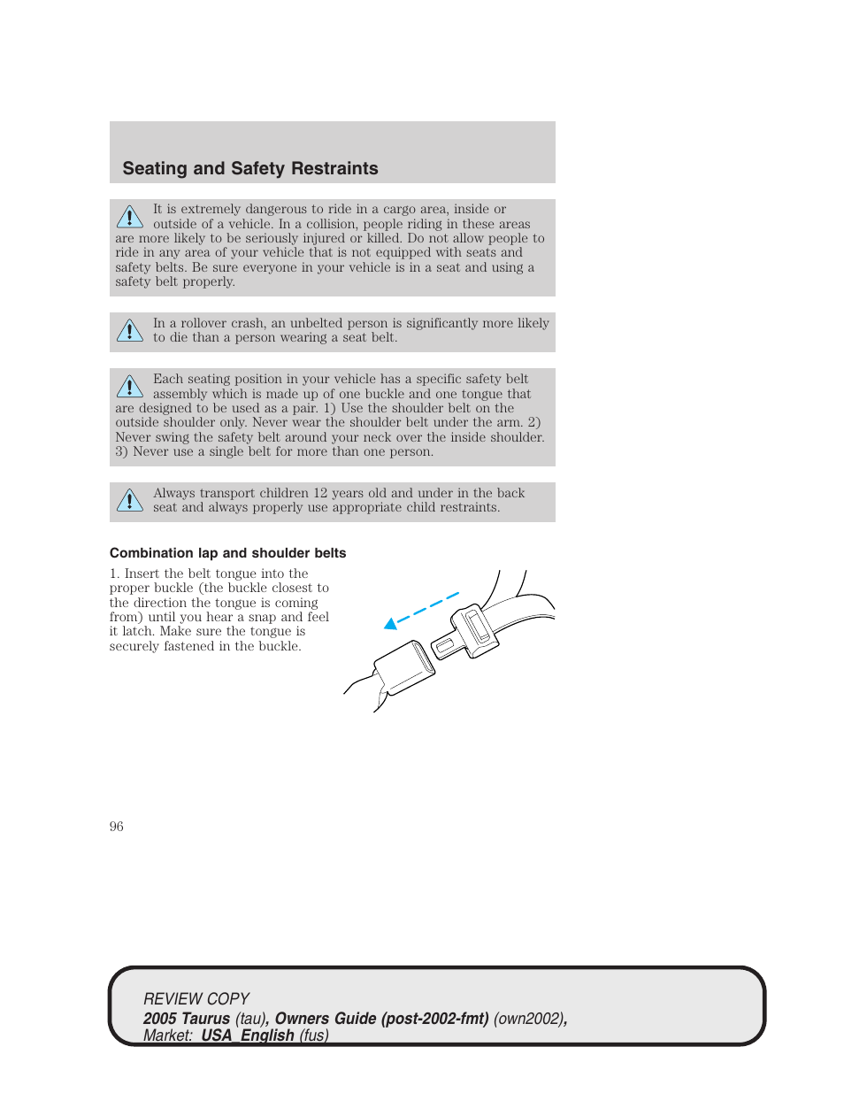 Seating and safety restraints | FORD 2005 Taurus v.2 User Manual | Page 96 / 248