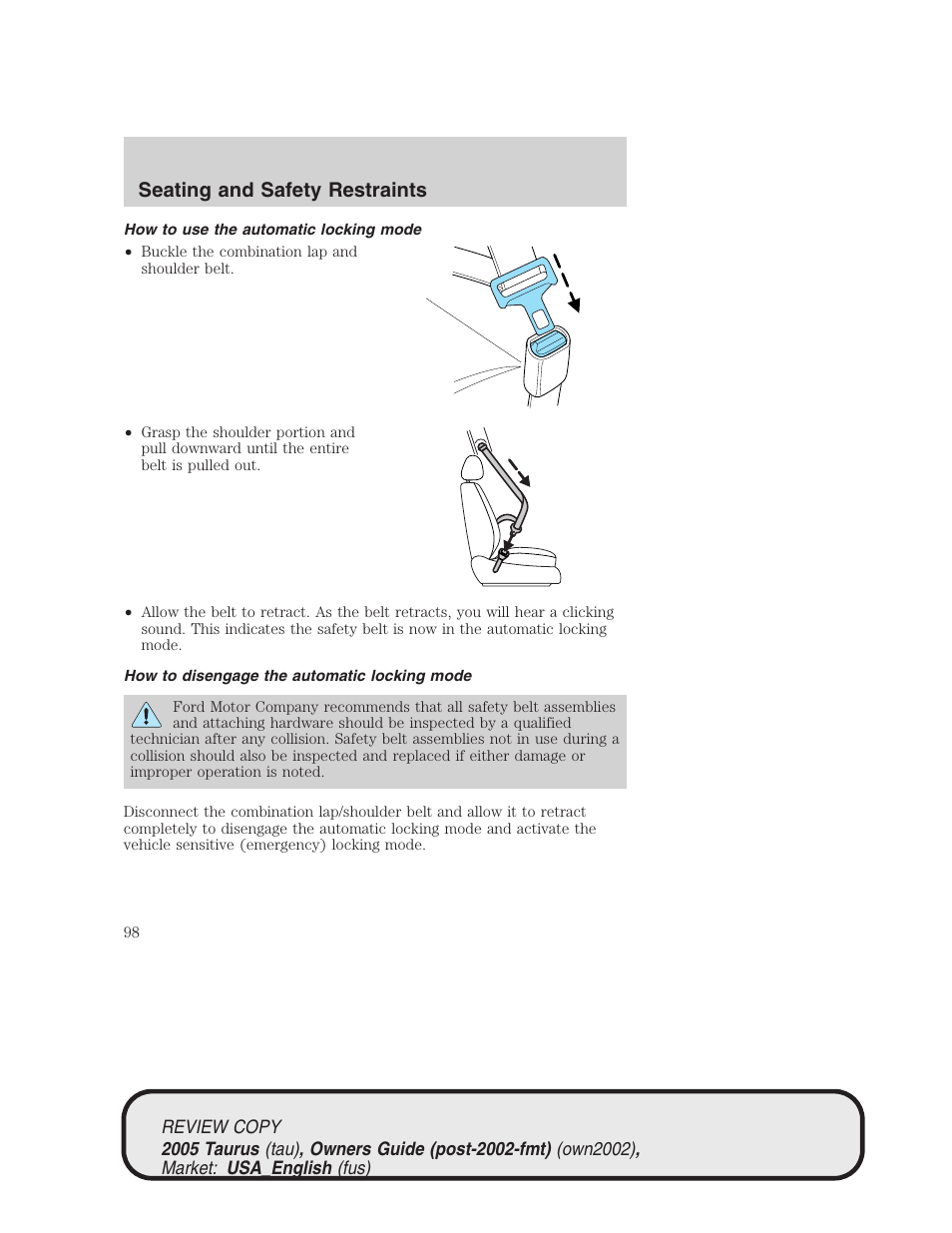Seating and safety restraints | FORD 2005 Taurus v.2 User Manual | Page 98 / 248
