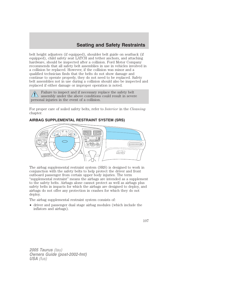 Airbag supplemental restraint system (srs), Airbags, Seating and safety restraints | FORD 2005 Taurus v.3 User Manual | Page 107 / 256