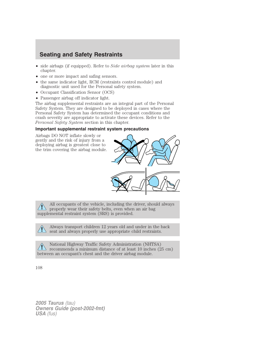 Seating and safety restraints | FORD 2005 Taurus v.3 User Manual | Page 108 / 256