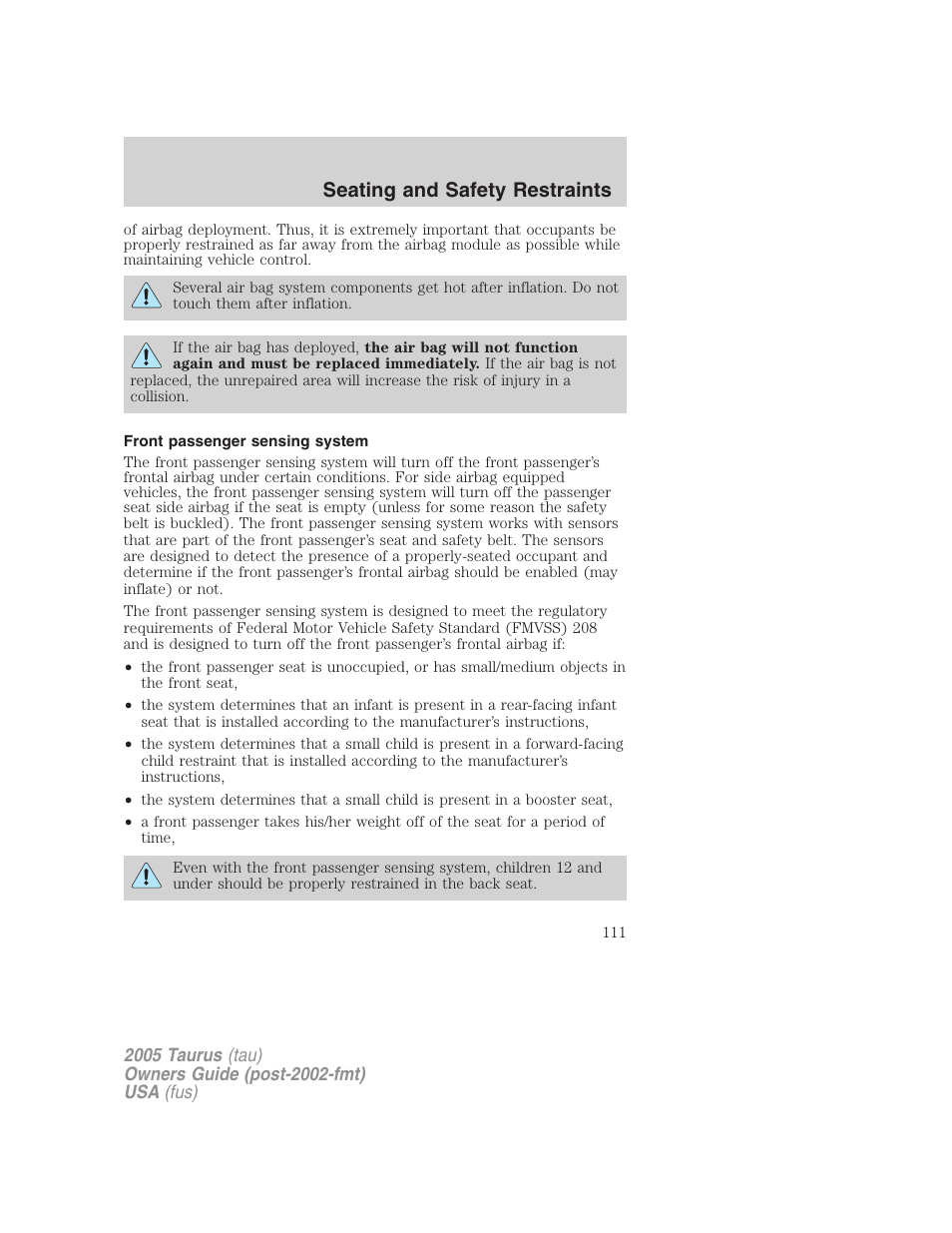 Front passenger sensing system, Seating and safety restraints | FORD 2005 Taurus v.3 User Manual | Page 111 / 256