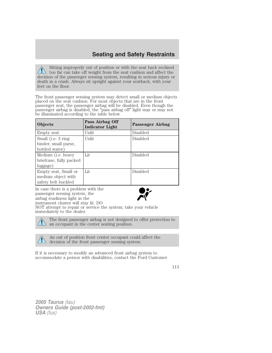 Seating and safety restraints | FORD 2005 Taurus v.3 User Manual | Page 113 / 256