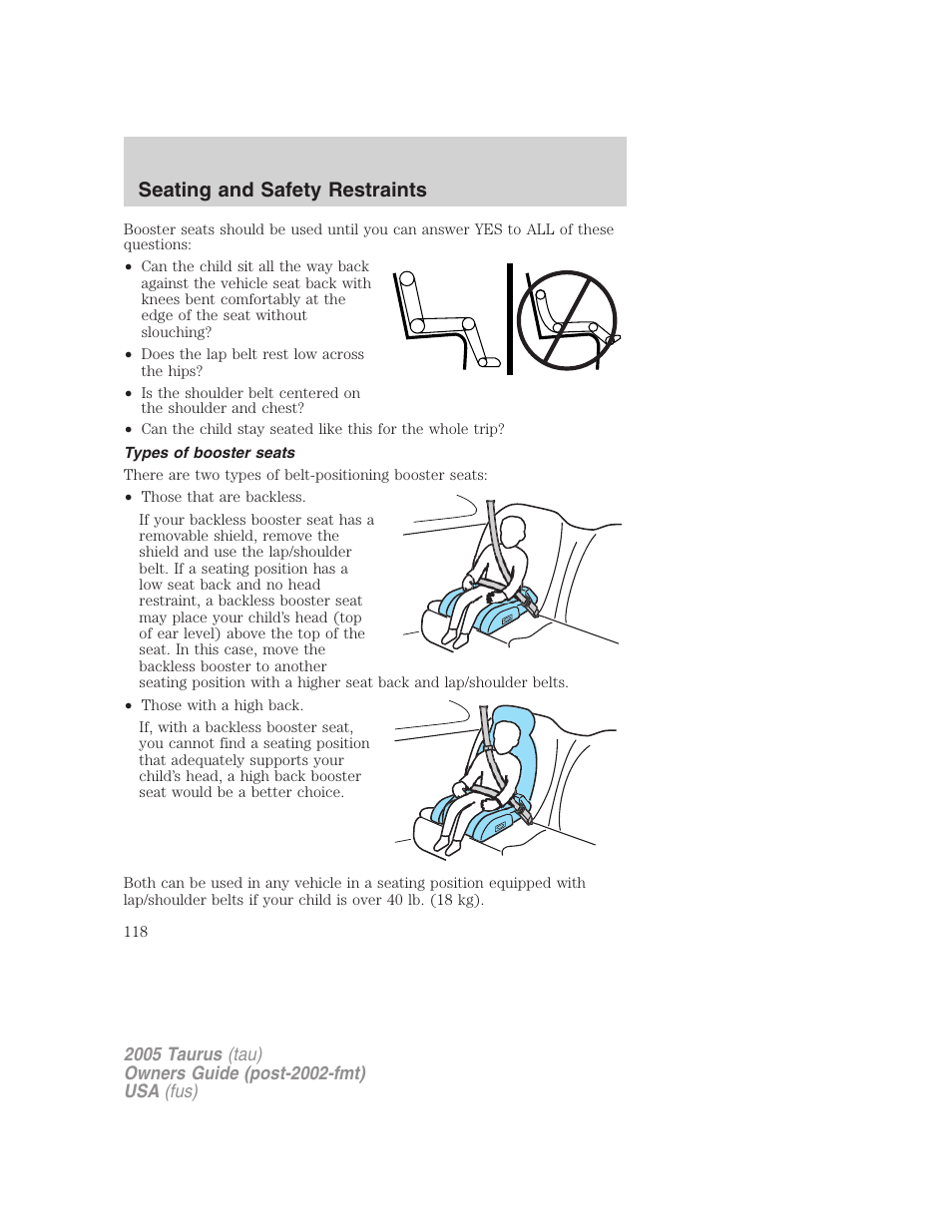 Types of booster seats, Seating and safety restraints | FORD 2005 Taurus v.3 User Manual | Page 118 / 256