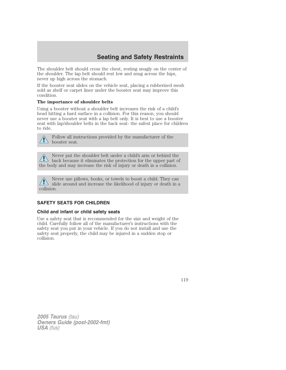 Safety seats for children, Child and infant or child safety seats, Seating and safety restraints | FORD 2005 Taurus v.3 User Manual | Page 119 / 256