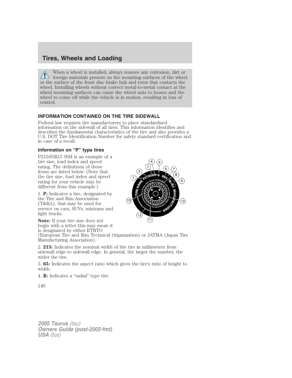 Information contained on the tire sidewall, Information on “p” type tires, Tires, wheels and loading | FORD 2005 Taurus v.3 User Manual | Page 140 / 256