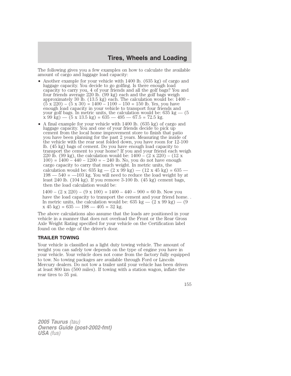 Trailer towing, Tires, wheels and loading | FORD 2005 Taurus v.3 User Manual | Page 155 / 256