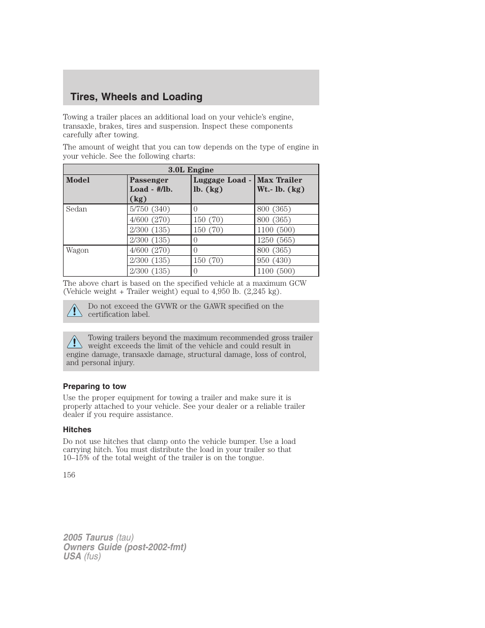Preparing to tow, Hitches, Tires, wheels and loading | FORD 2005 Taurus v.3 User Manual | Page 156 / 256