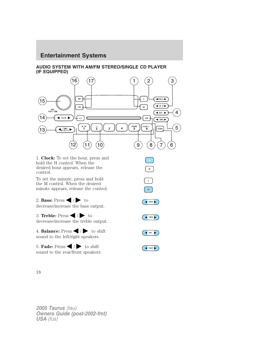 Am/fm stereo with cd, Entertainment systems | FORD 2005 Taurus v.3 User Manual | Page 18 / 256