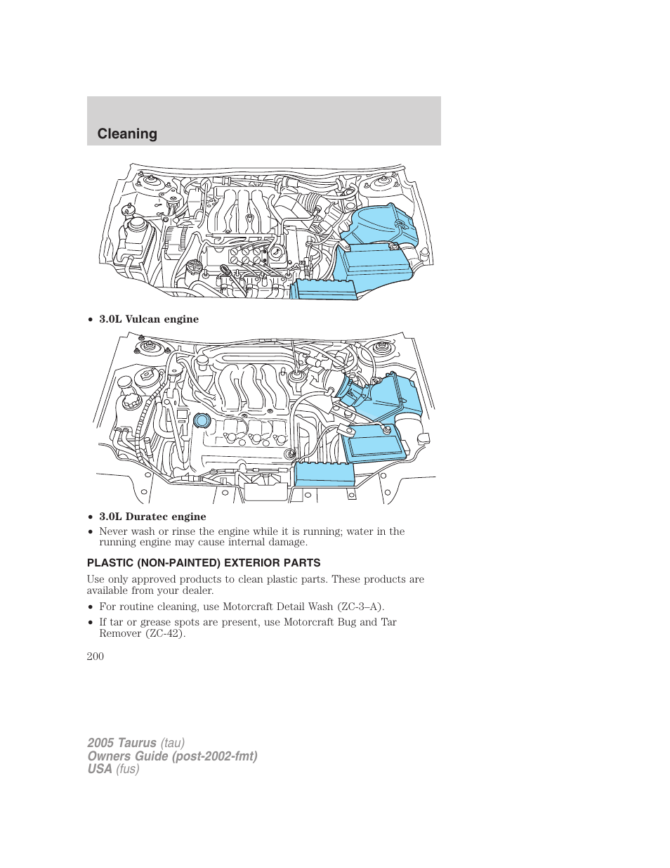 Plastic (non-painted) exterior parts, Cleaning | FORD 2005 Taurus v.3 User Manual | Page 200 / 256