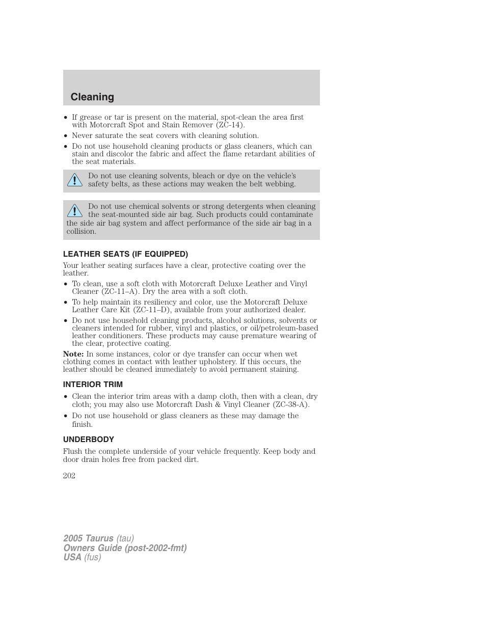 Leather seats (if equipped), Interior trim, Underbody | Cleaning | FORD 2005 Taurus v.3 User Manual | Page 202 / 256