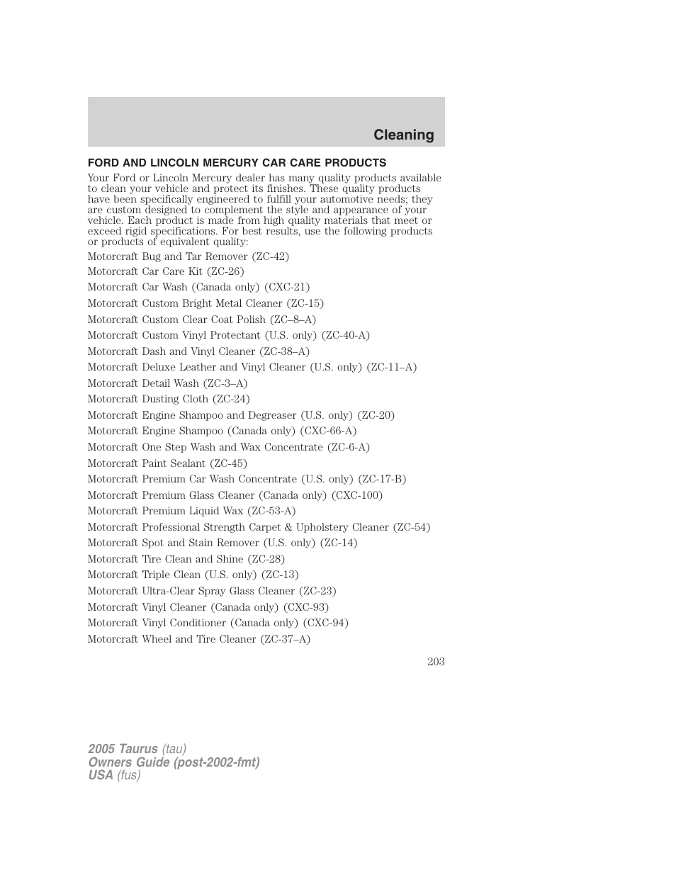 Ford and lincoln mercury car care products, Cleaning | FORD 2005 Taurus v.3 User Manual | Page 203 / 256