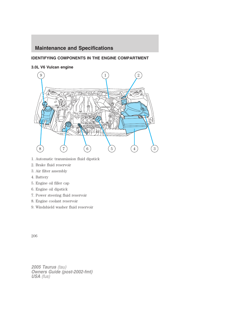 Identifying components in the engine compartment, 0l v6 vulcan engine, Engine compartment | Maintenance and specifications | FORD 2005 Taurus v.3 User Manual | Page 206 / 256