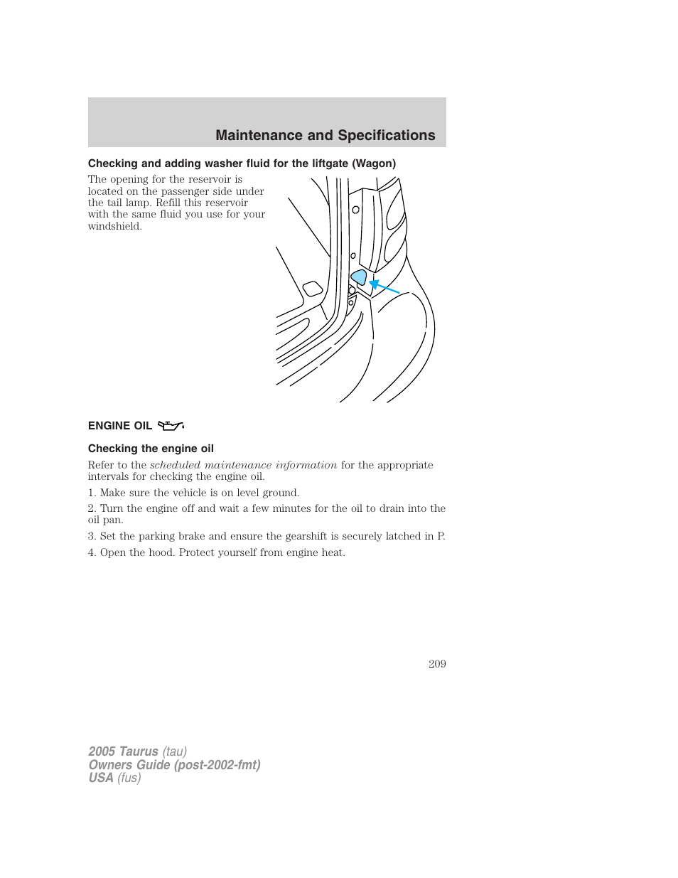 Engine oil, Checking the engine oil, Maintenance and specifications | FORD 2005 Taurus v.3 User Manual | Page 209 / 256