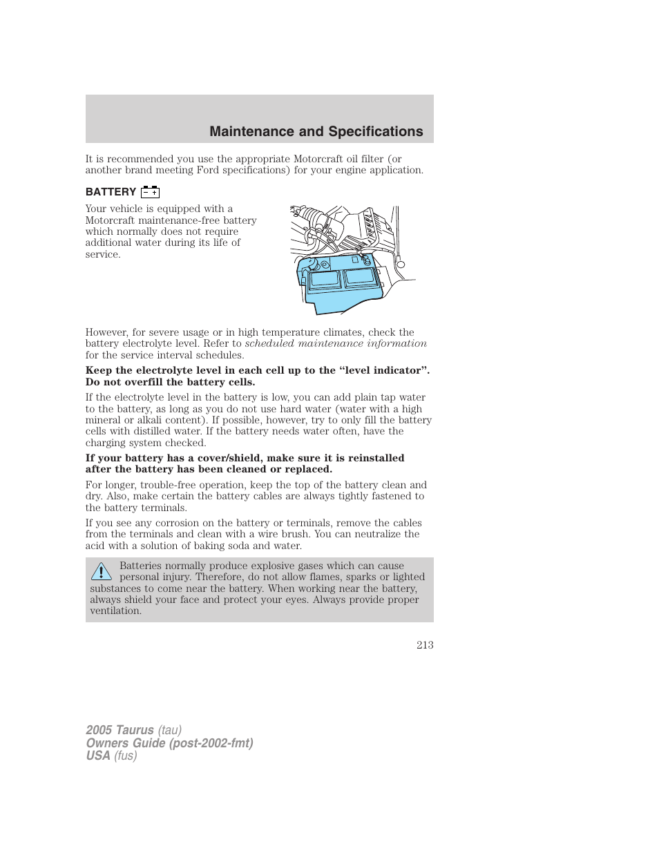 Battery, Maintenance and specifications | FORD 2005 Taurus v.3 User Manual | Page 213 / 256