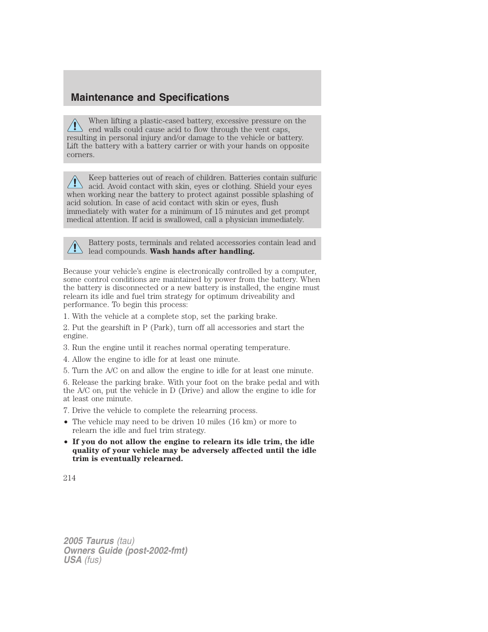 Maintenance and specifications | FORD 2005 Taurus v.3 User Manual | Page 214 / 256