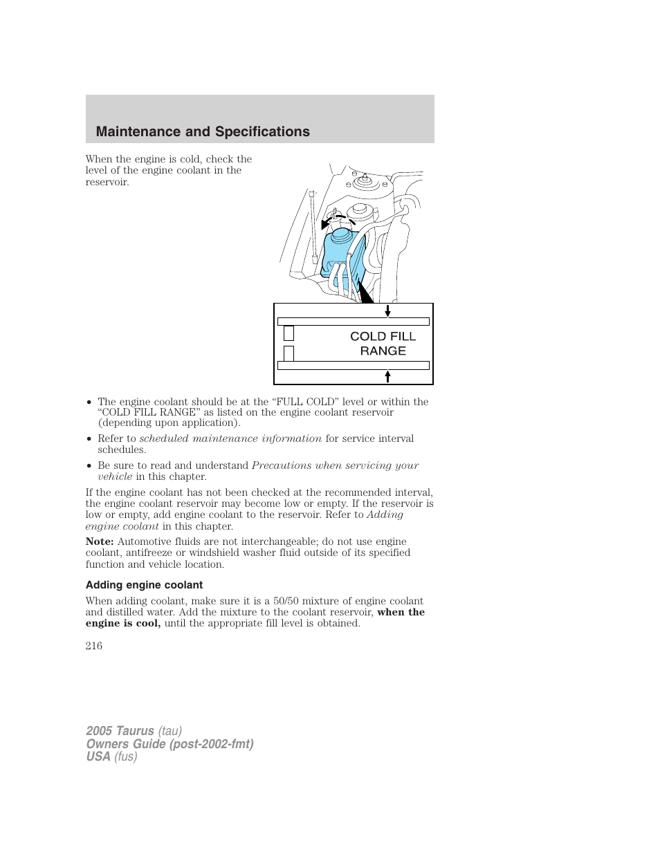 Adding engine coolant, Maintenance and specifications | FORD 2005 Taurus v.3 User Manual | Page 216 / 256