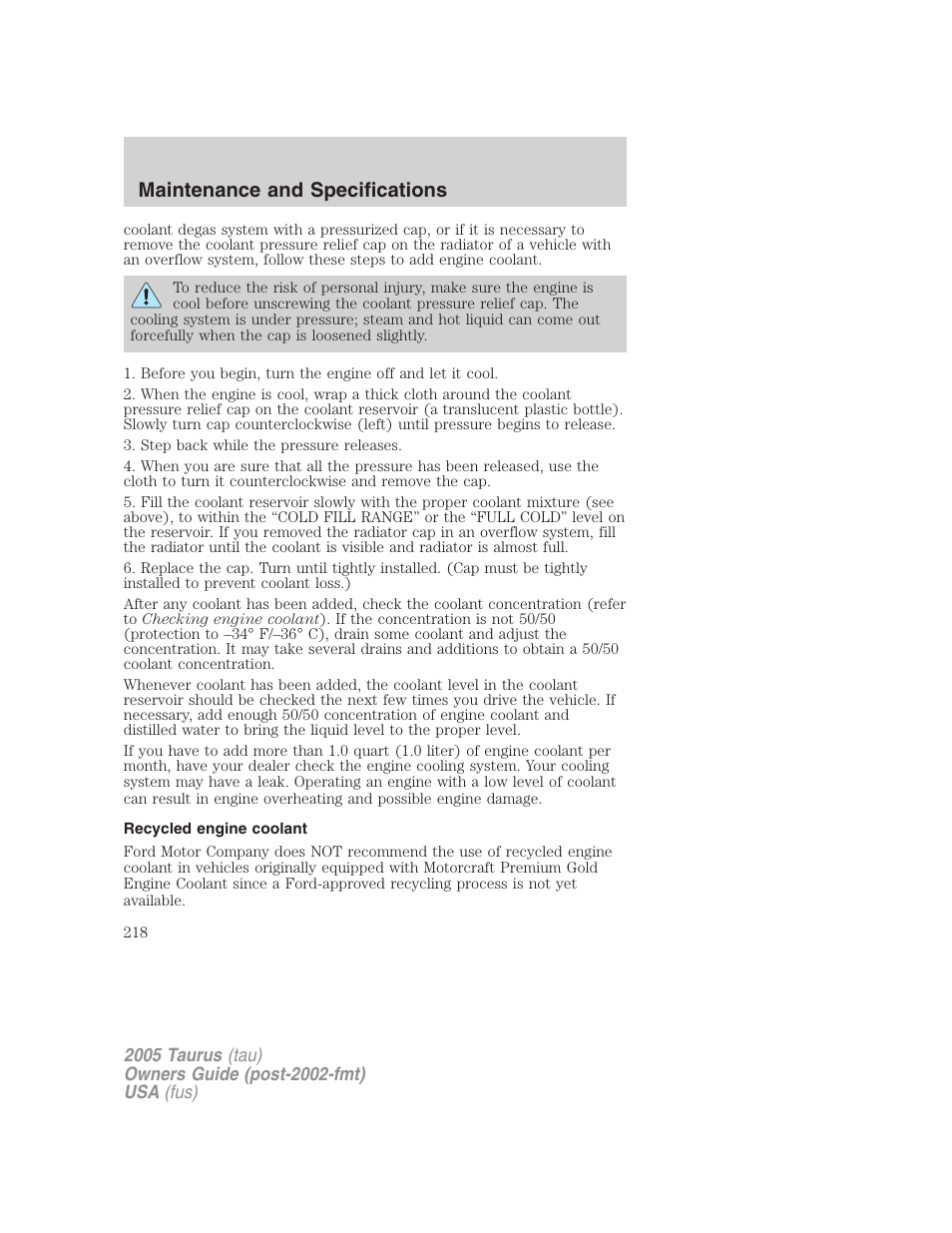 Recycled engine coolant, Maintenance and specifications | FORD 2005 Taurus v.3 User Manual | Page 218 / 256